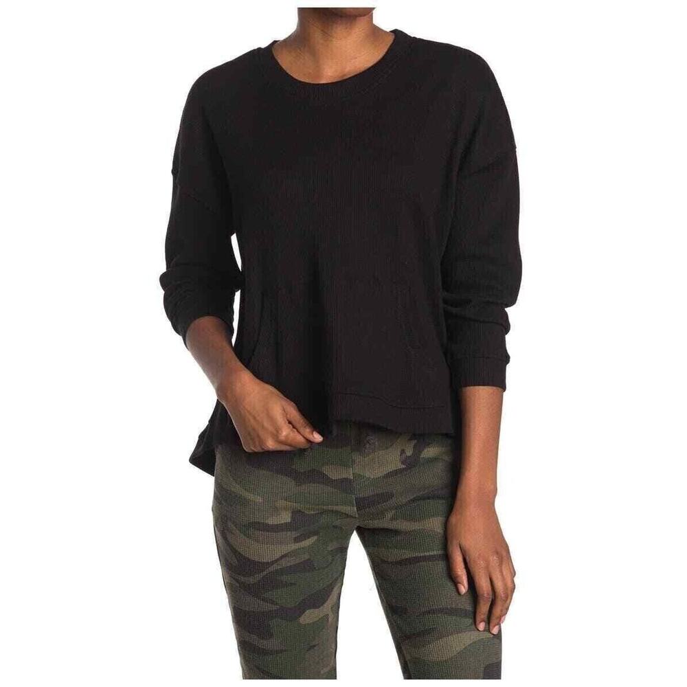 RDI‎ Women's Waffle Knit Kangaroo Pocket Thermal Top in Black Medium MSRP $49